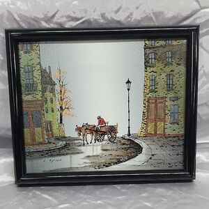 L. Ryan Signed Painting Horse Drawn Wagon Old World Street Scene